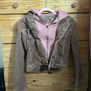 Plugg Brown Corduroy Jacket with Pink Hoodie